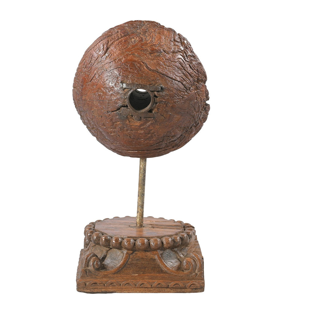 Ranch Style Antique Wooden Pulley Mounted On Column Base Table Decor