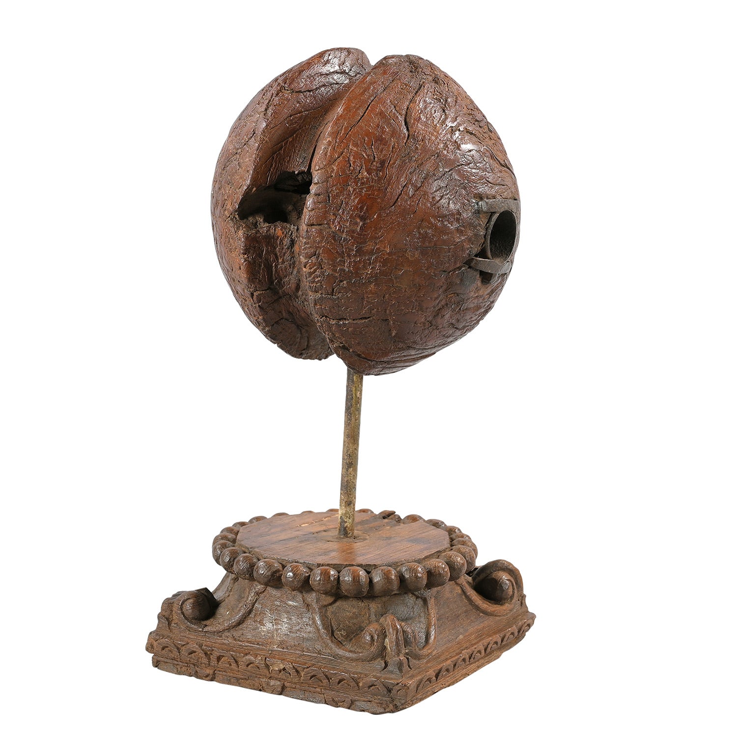 Ranch Style Antique Wooden Pulley Mounted On Column Base Table Decor